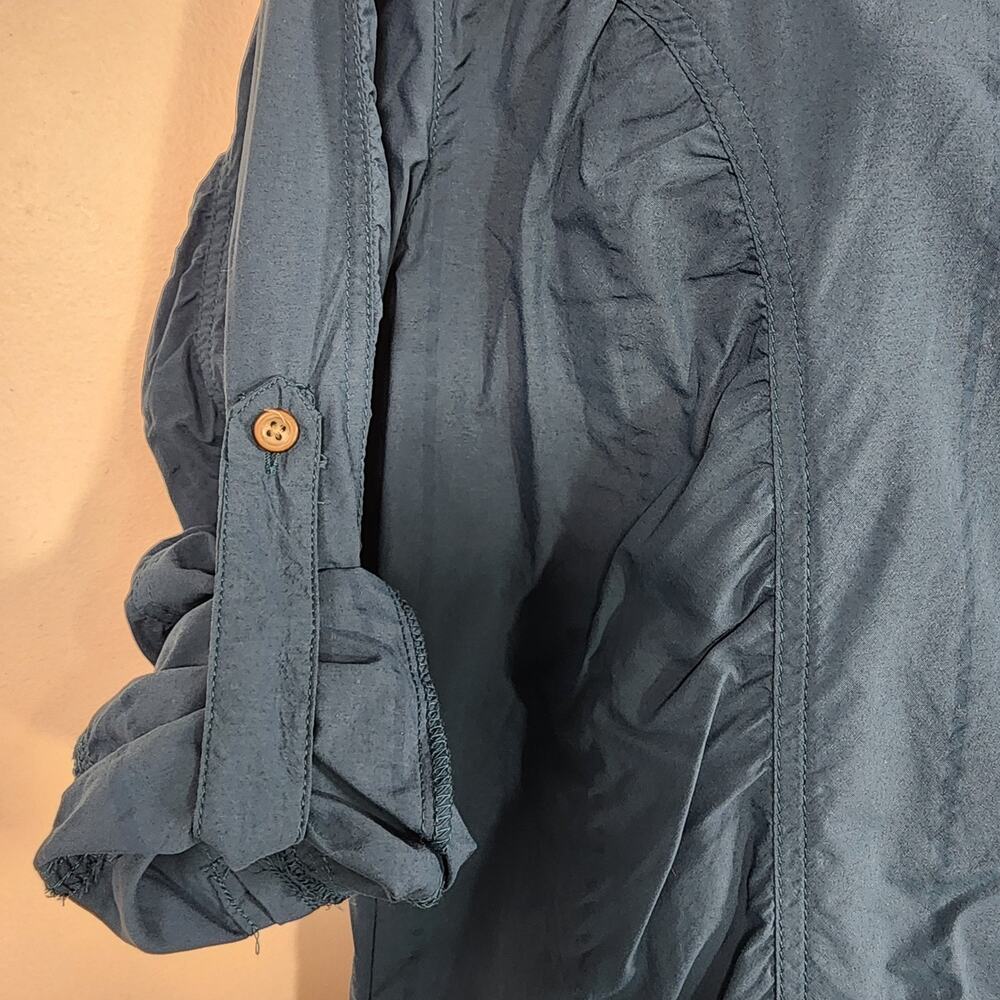 Cabelas Womens Shirt Button Up Fitted Long Roll Tab Sleeve Ruched Teal Outdoor L - Picture 4 of 9